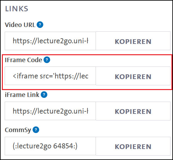Der iFrame-Link in Lecture2Go
