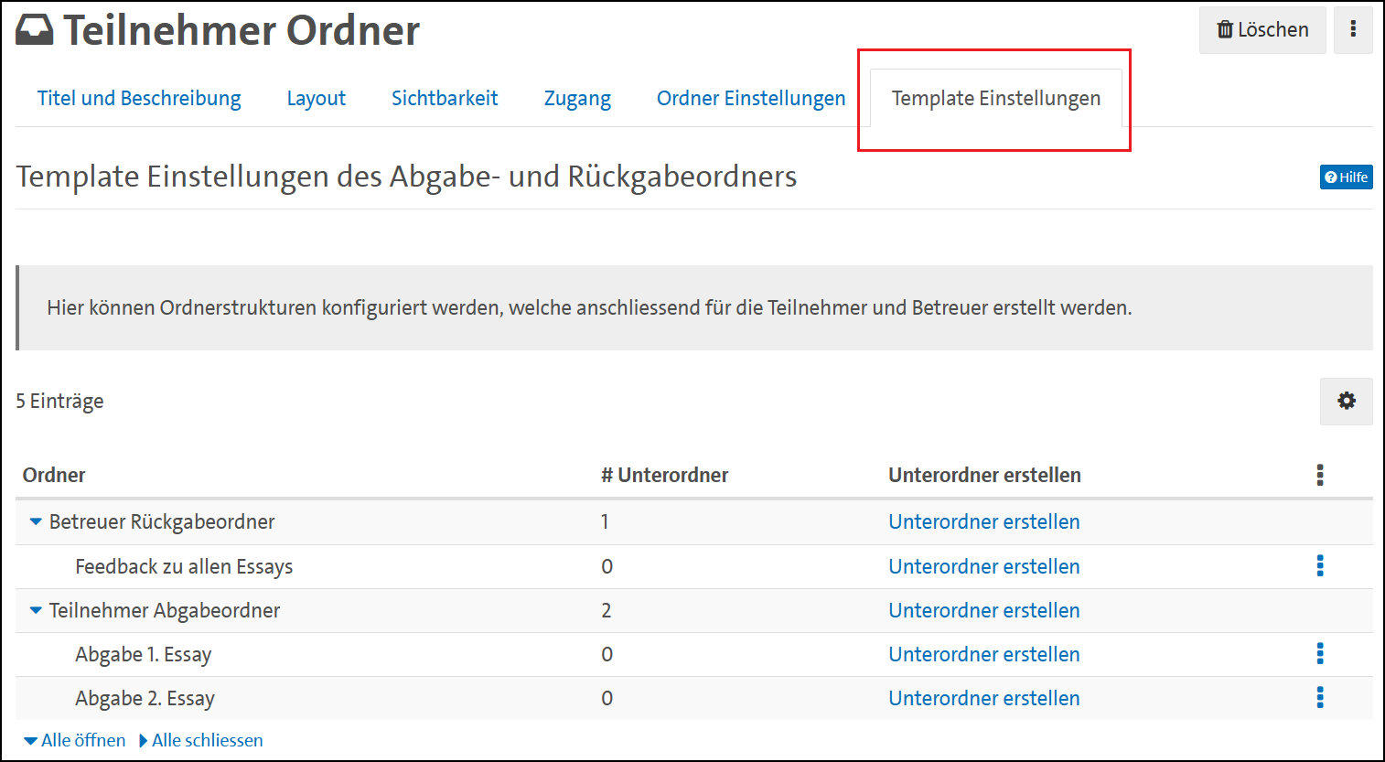 Die Template-Einstellungen des Teilnehmer:innen Ordners