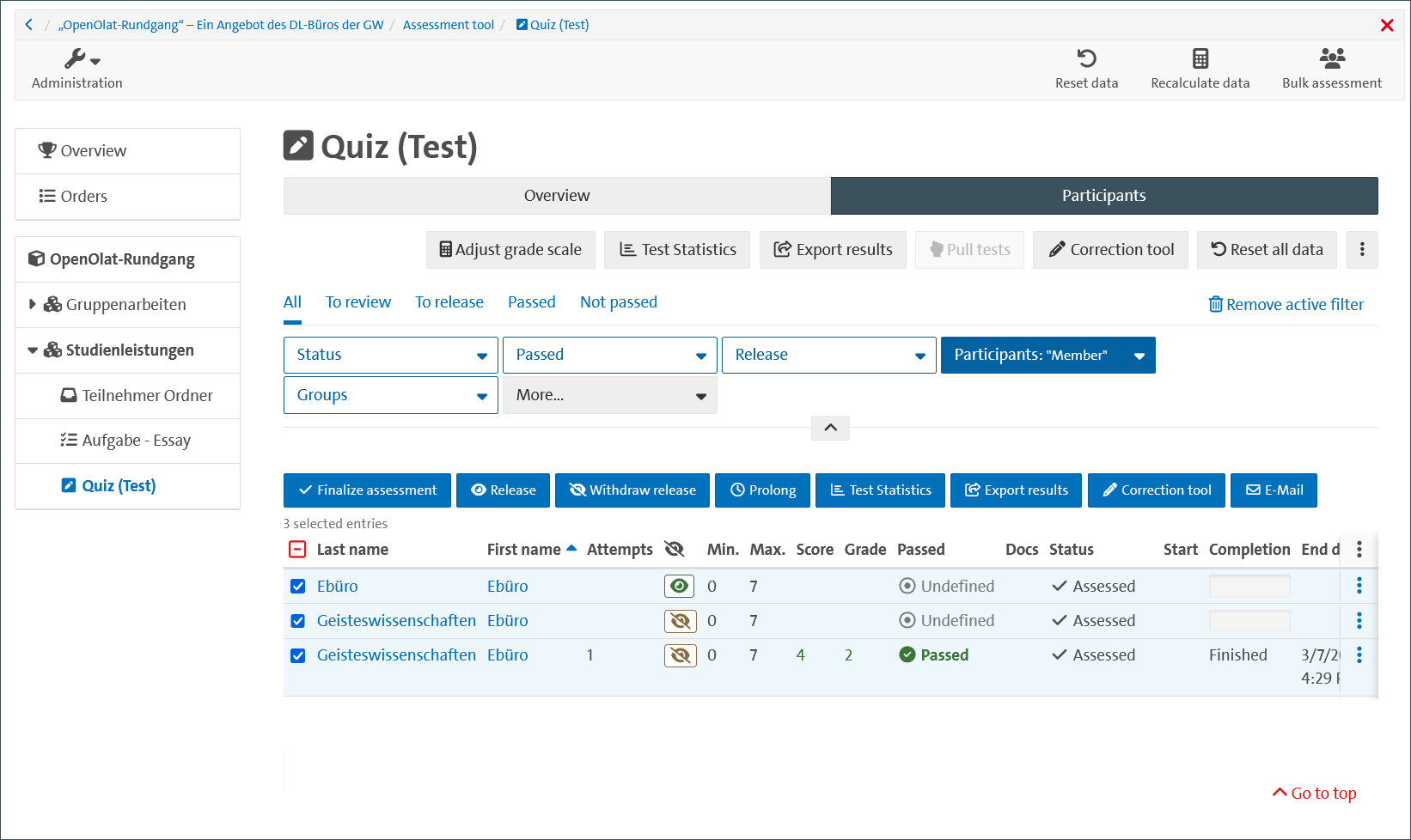 Test course element from authoring perspective