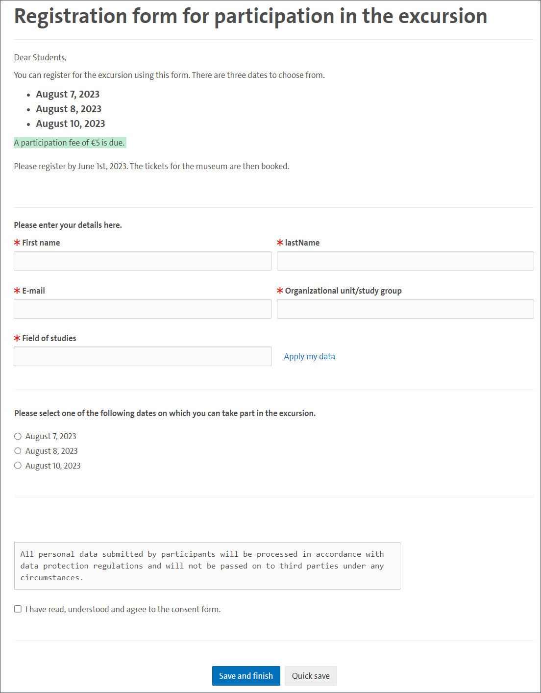 an examplary registration form