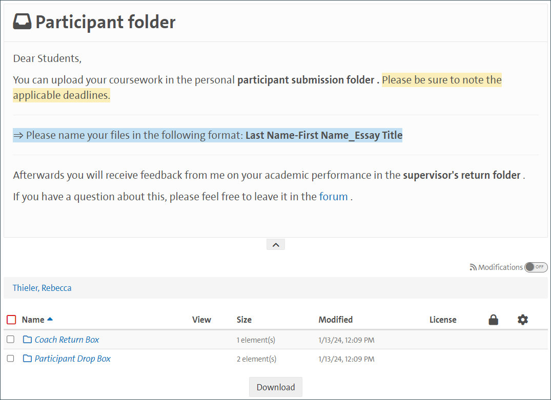 An examplary participant folder