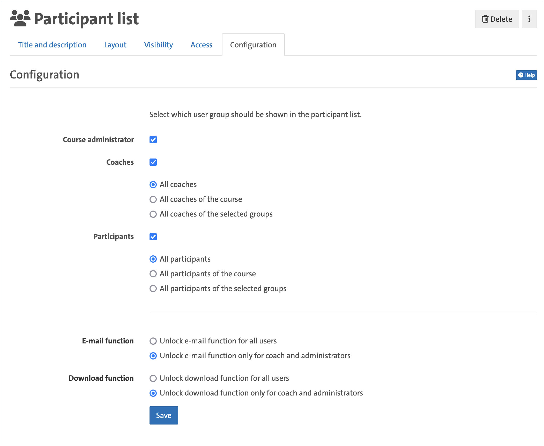 Configuration of the particpants list course element