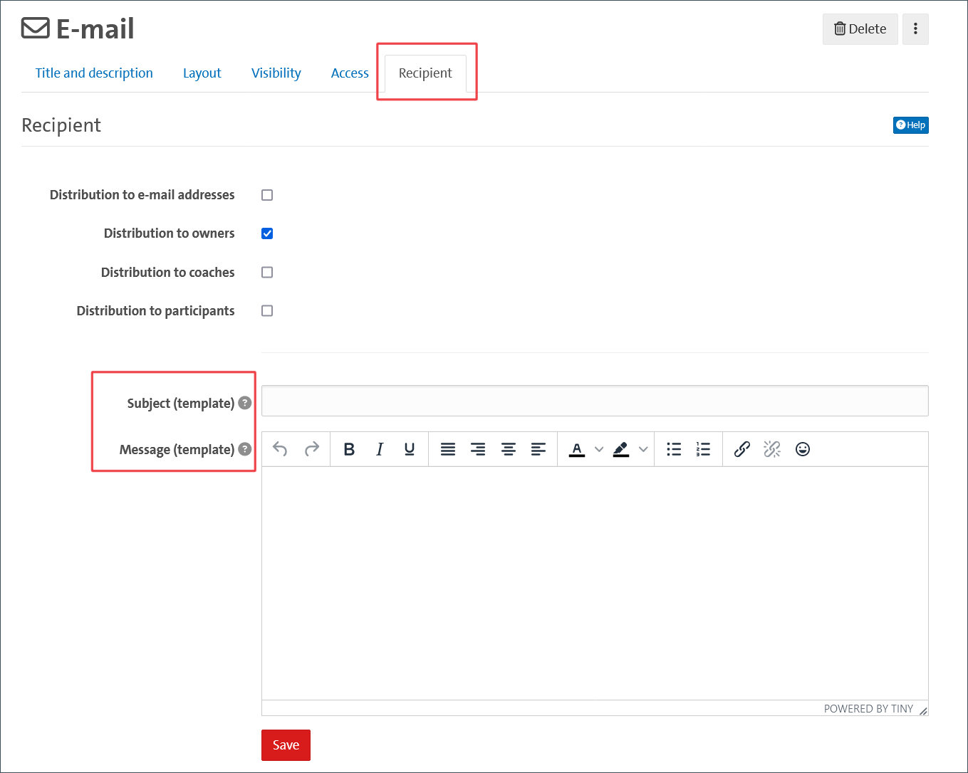 Configurating an emails recipent